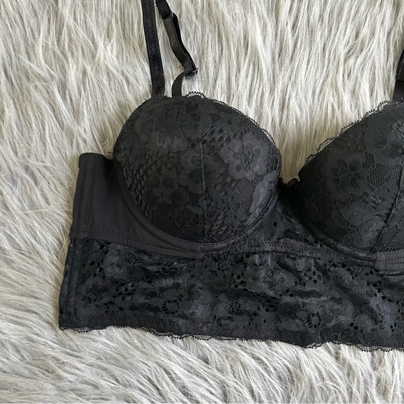 Adored By Adore Me Longline Bra Women’s Size 34B Black Floral Lace Lightly Lined - Picture 2 of 5
